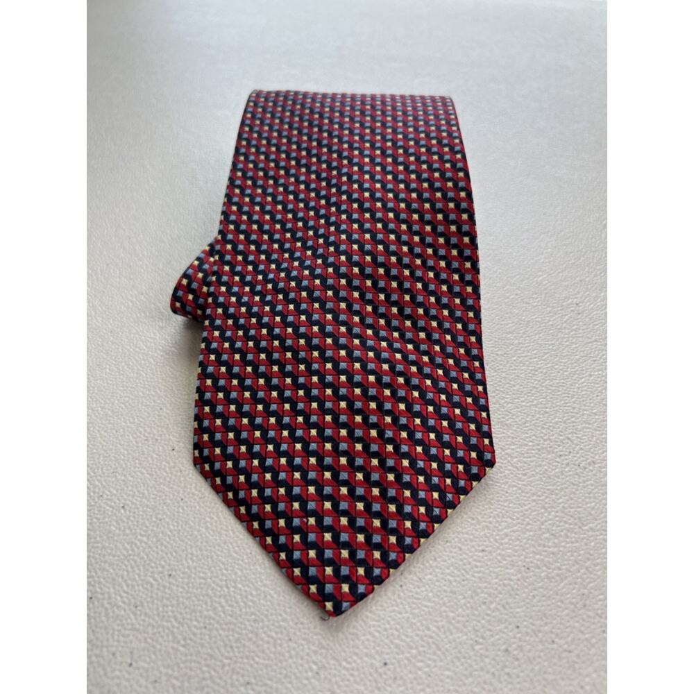Bruno Pirttelli Red with Blue and Tan Geometric 100% Silk Designer Tie